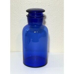 Antique Large 11-3/4” Hand Blown Cobalt Blue Glass Apothecary Jar W/ Ground Lid